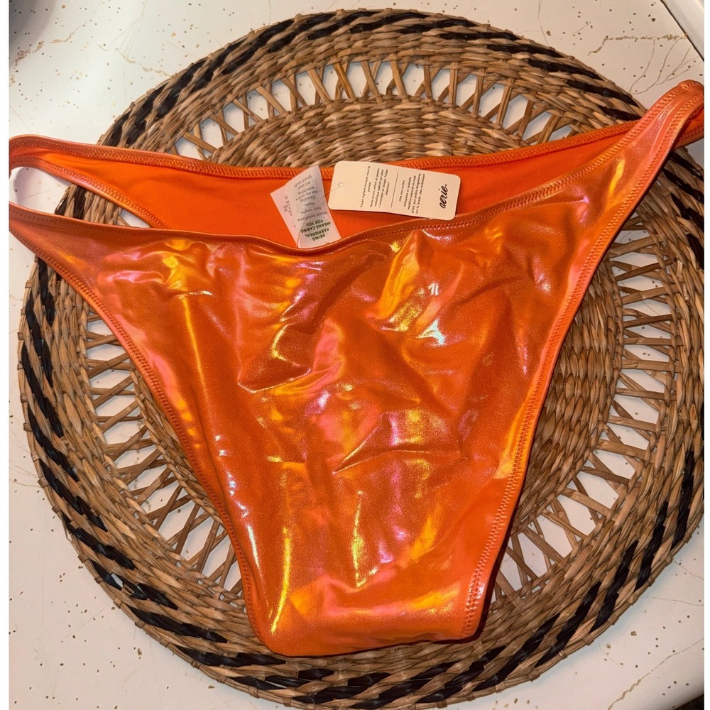 Aerie Real Good Metallic Orange Cheeky Bikini Bottom High Leg Swim Size L NWT - Picture 2 of 3